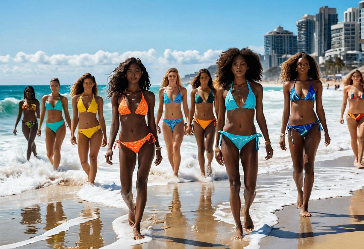 A vibrant scene showcasing diverse models wearing colorful and stylish bikinis on a runway, with a dramatic backdrop of ocean waves symbolizing the beach. In the foreground, a group of women engaged in beach cleanup, representing the theme of environmental awareness. Bright sun, dynamic poses, and swirling beach-themed elements enhance the energy of the image. super-realistic. vibrant colors. beach backdrop.