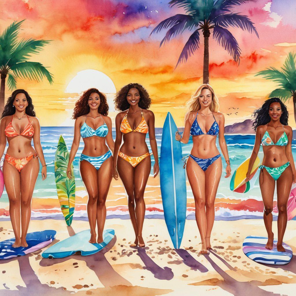 A beach scene featuring diverse women of different body types wearing the latest trendy bikinis, radiating confidence and joy against a vibrant sunset backdrop. Include elements like palm trees, beach towels, and surfboards to emphasize a fun beach day atmosphere. The scene should evoke empowerment and motivation, with bright and cheerful colors. watercolor art. lively and bold colors.